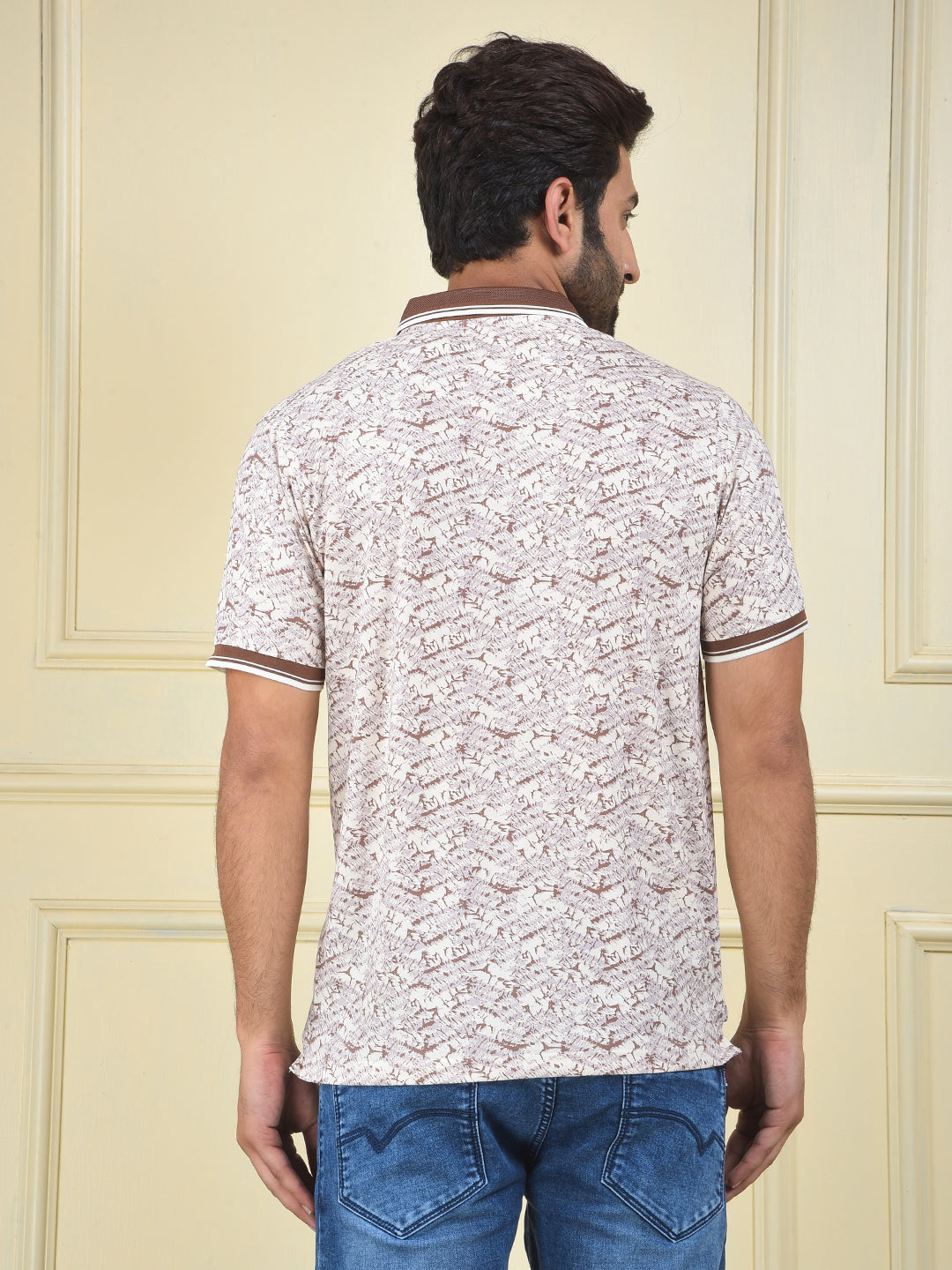Brown Printed Polo Neck T-Shirt