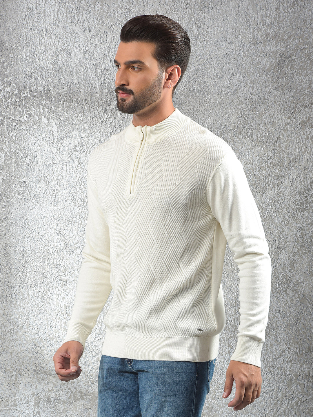 Off White Jacquard 100% Cotton Sweater