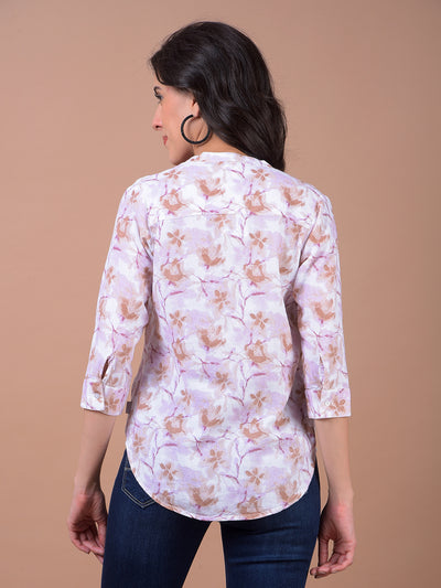 Pink Floral Print V-Neck Linen Top