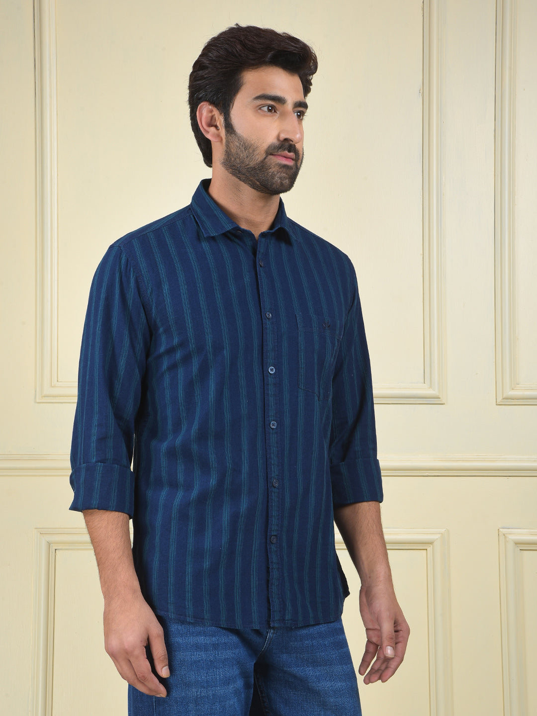 Navy Blue Vertical Stripes 100% Cotton Shirt