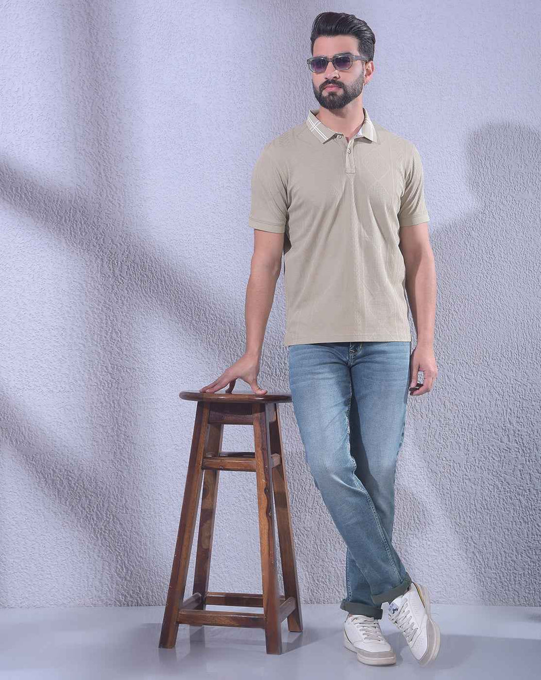 Beige Jacquard Polo Neck T-Shirt