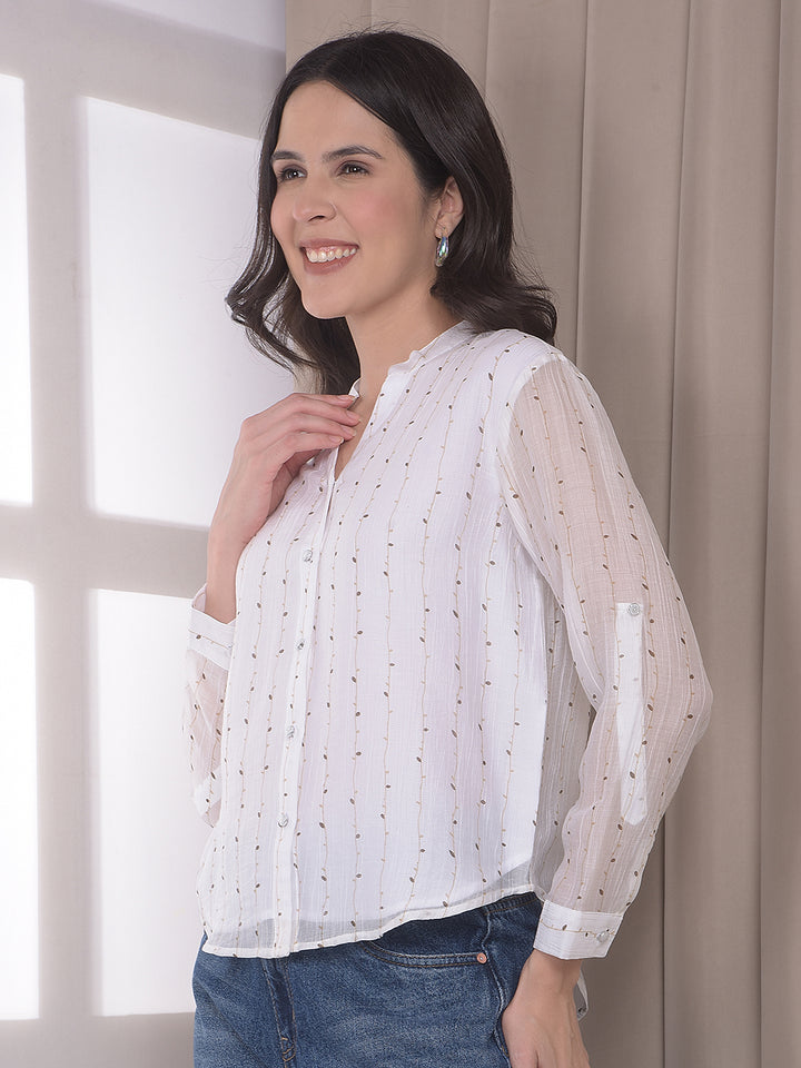 White Botanical Print V-Neck Top