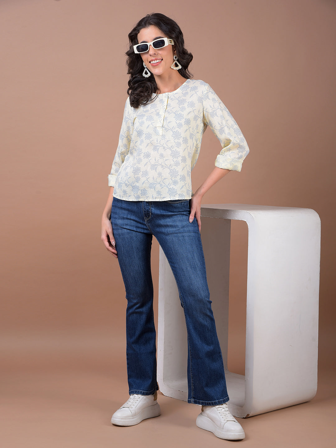 Yellow Floral Print Linen Top