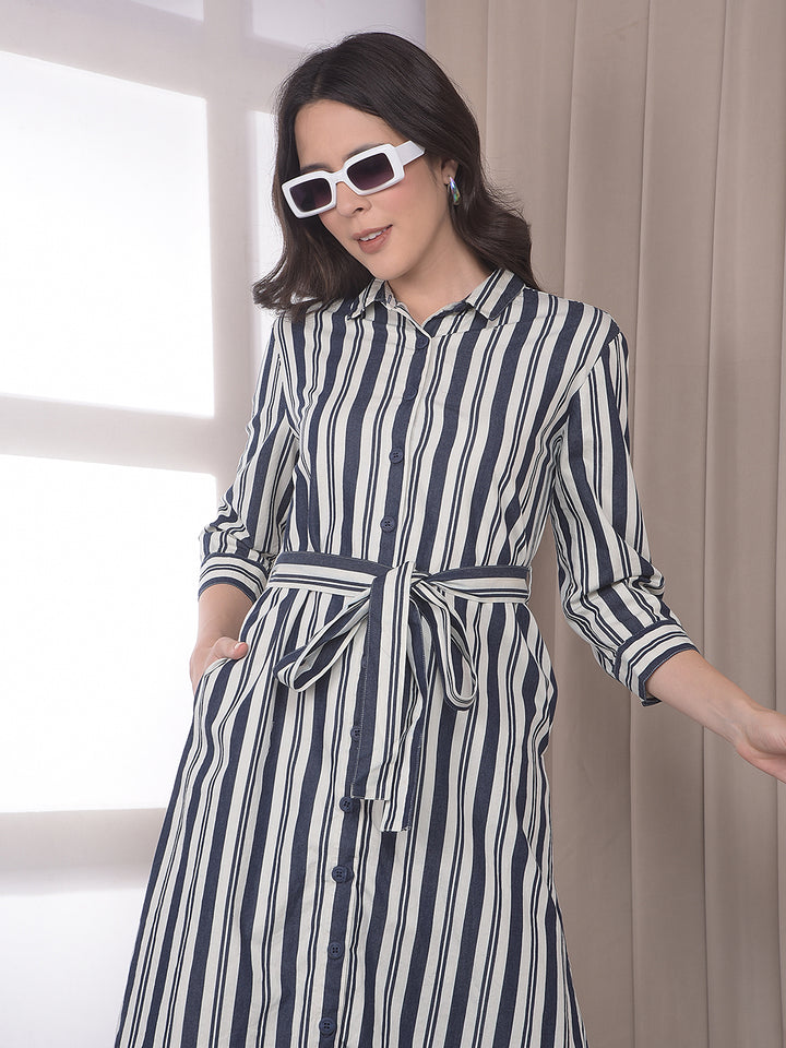 Blue Vertical Striped 100% cotton Shirt Dress