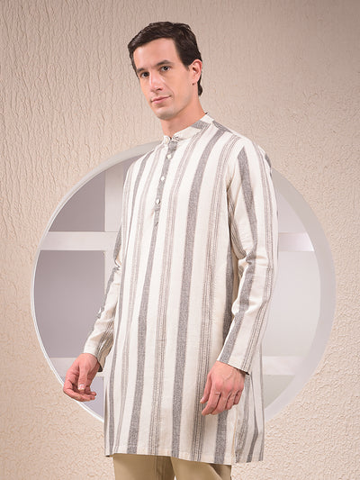 Beige Vertical Stripes Linen Straight Kurta