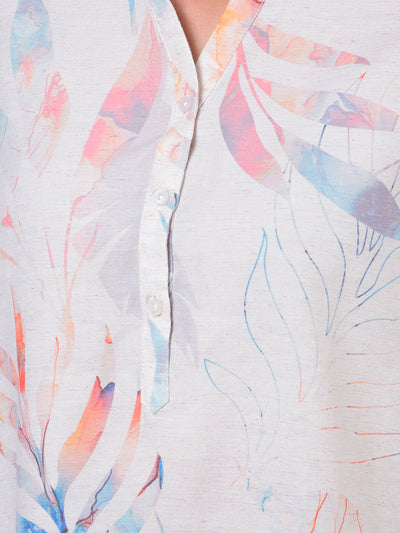 Orange Floral Print V-Neck Linen Top