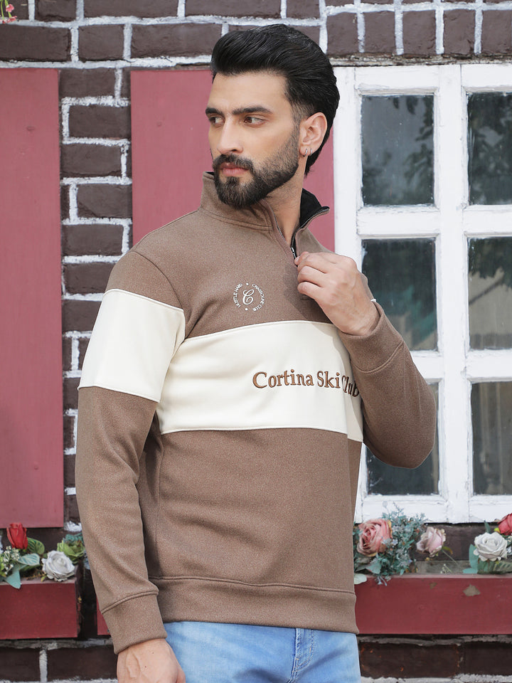 Brown Color-Block High Neck Sweatshirt