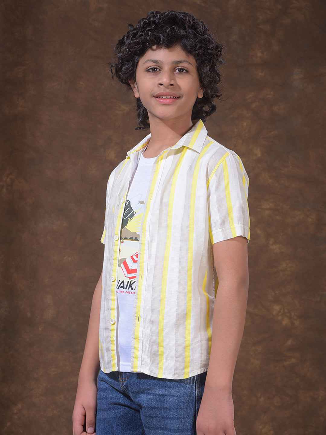 Yellow 100% Cotton Vertical Striped Shirt & Tee Set Layered Look
