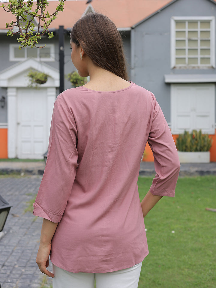 Pink Embroidered V-Neck Top