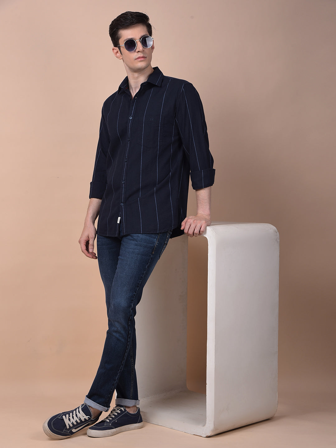 Navy Blue Vertical Stripes 100% Cotton Shirt