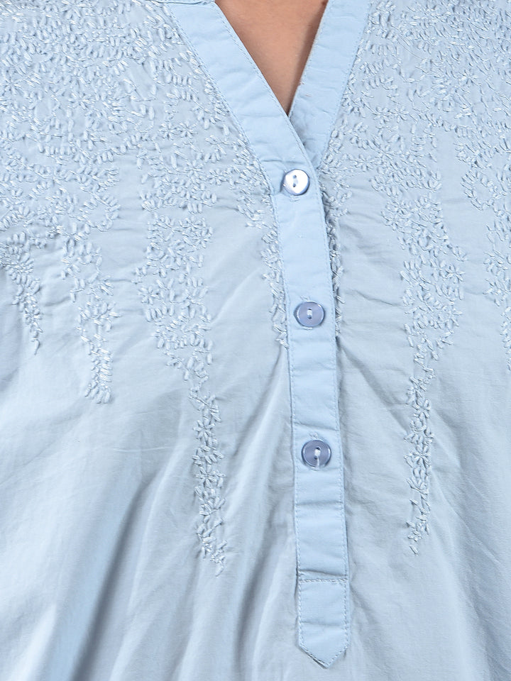 Blue Embroidered V-Neck 100% Cotton Top