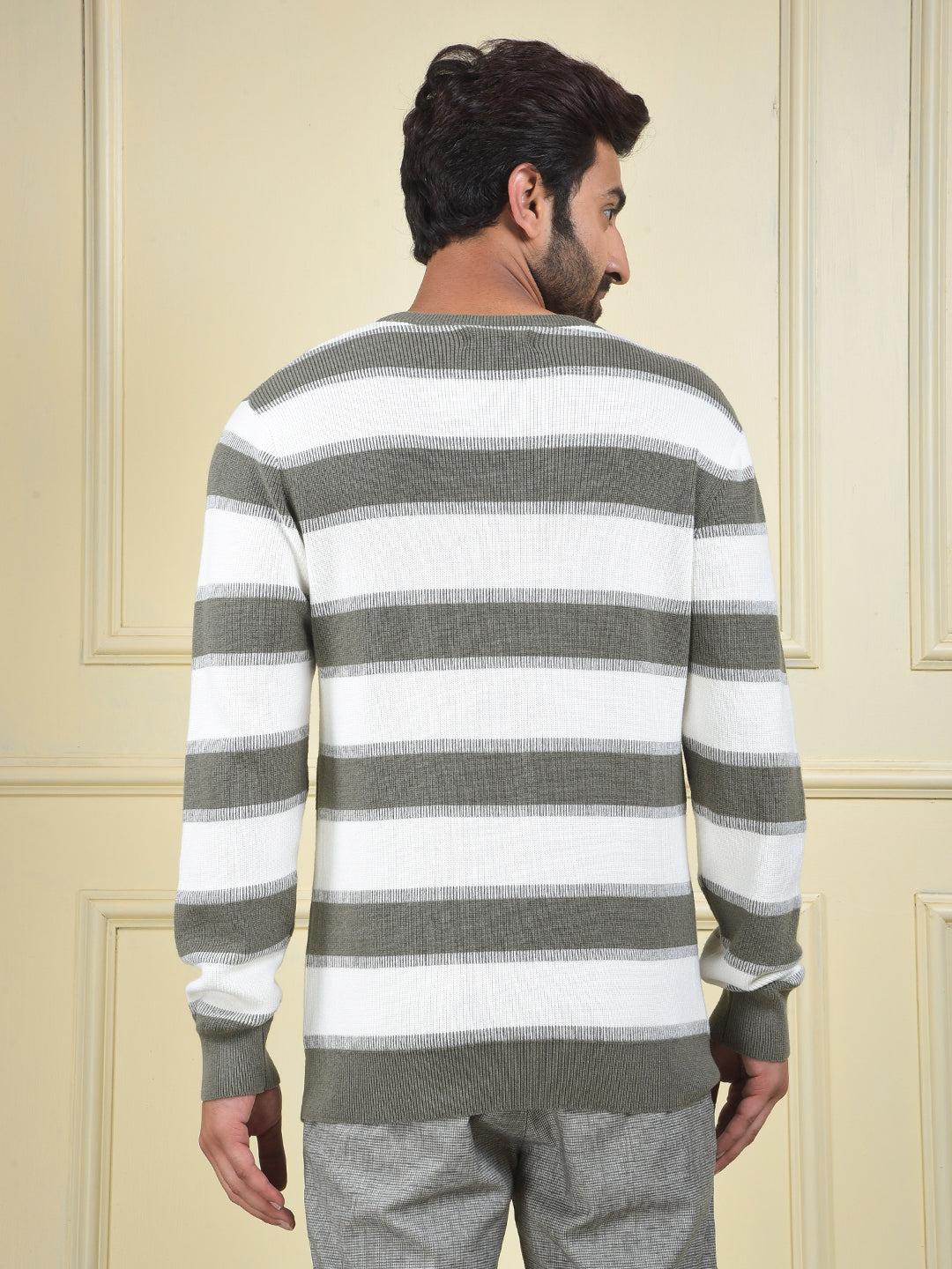 Olive Horizontal Stripes 100% Cotton Sweater