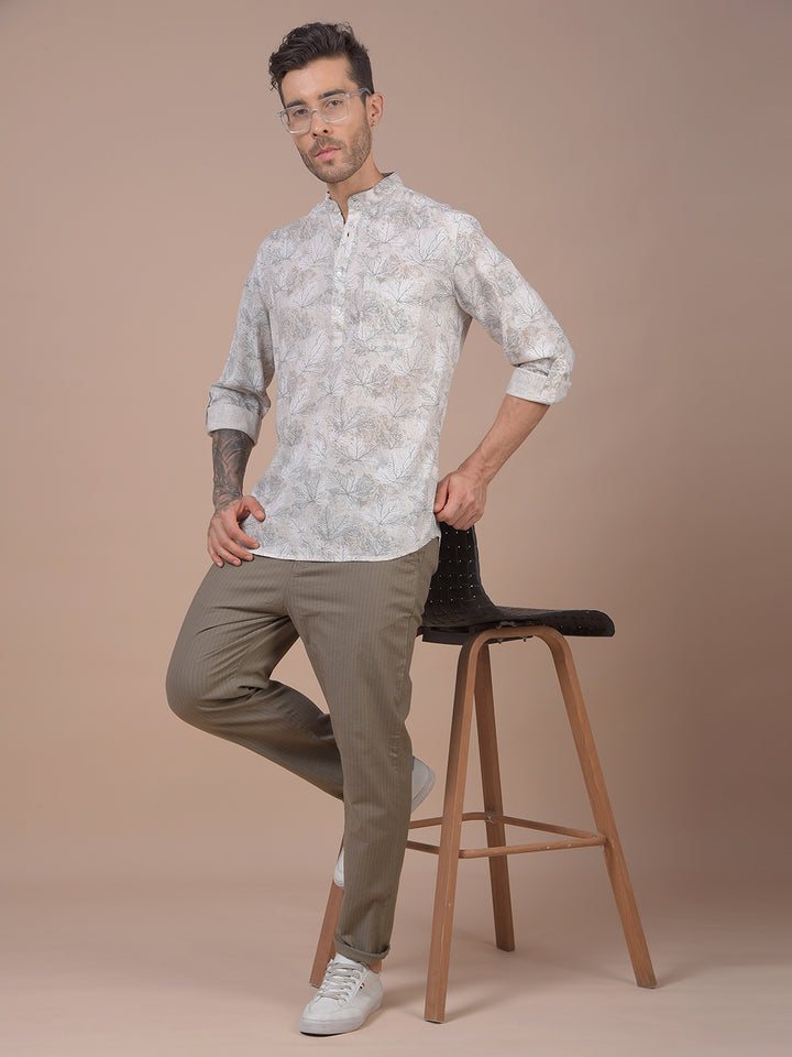 Grey Floral Print Linen Kurta
