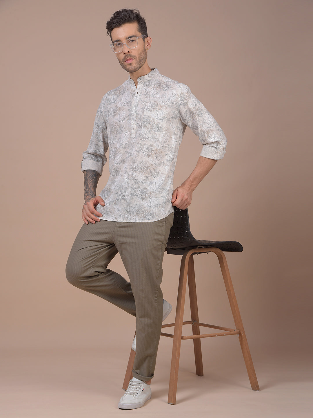 Grey Floral Print Linen Kurta
