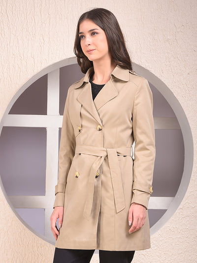 Khaki Notched Lapel Double-Breasted Overcoat With Belt