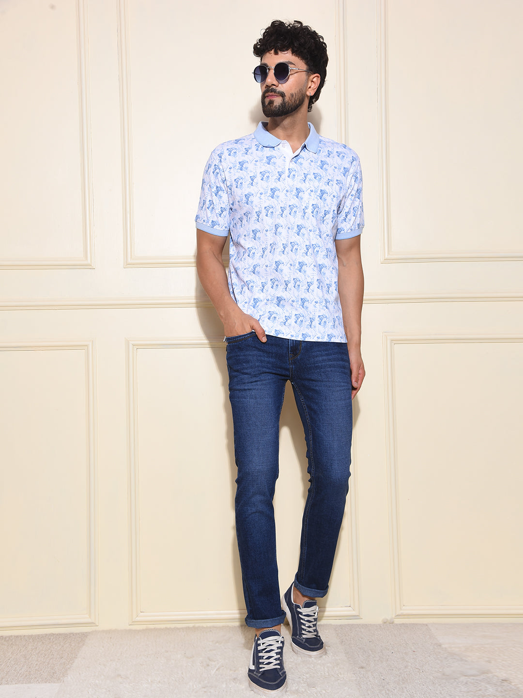 Blue Printed Polo Neck 100% Cotton T-Shirt