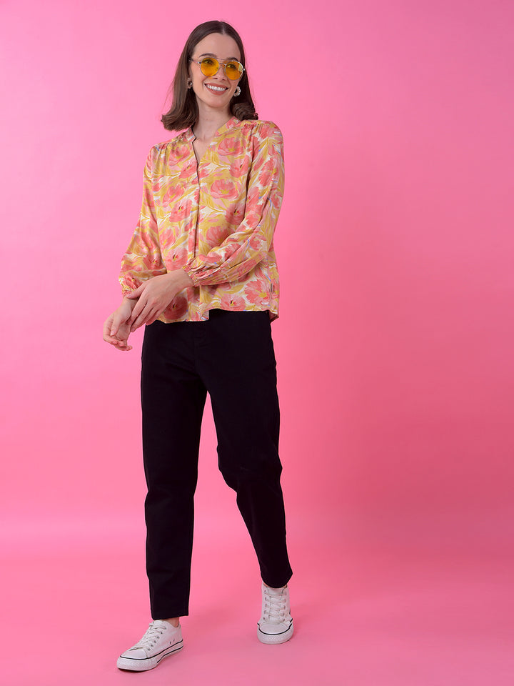 Olive Floral Print V-Neck Top