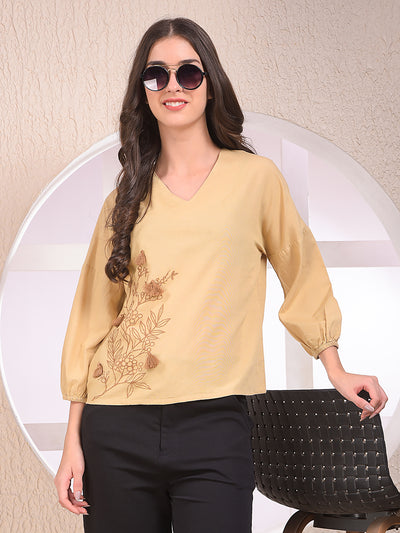 Olive Embroidered V-Neck Top