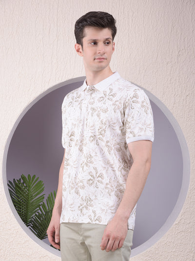 Beige Floral Print Polo-Neck T-Shirt