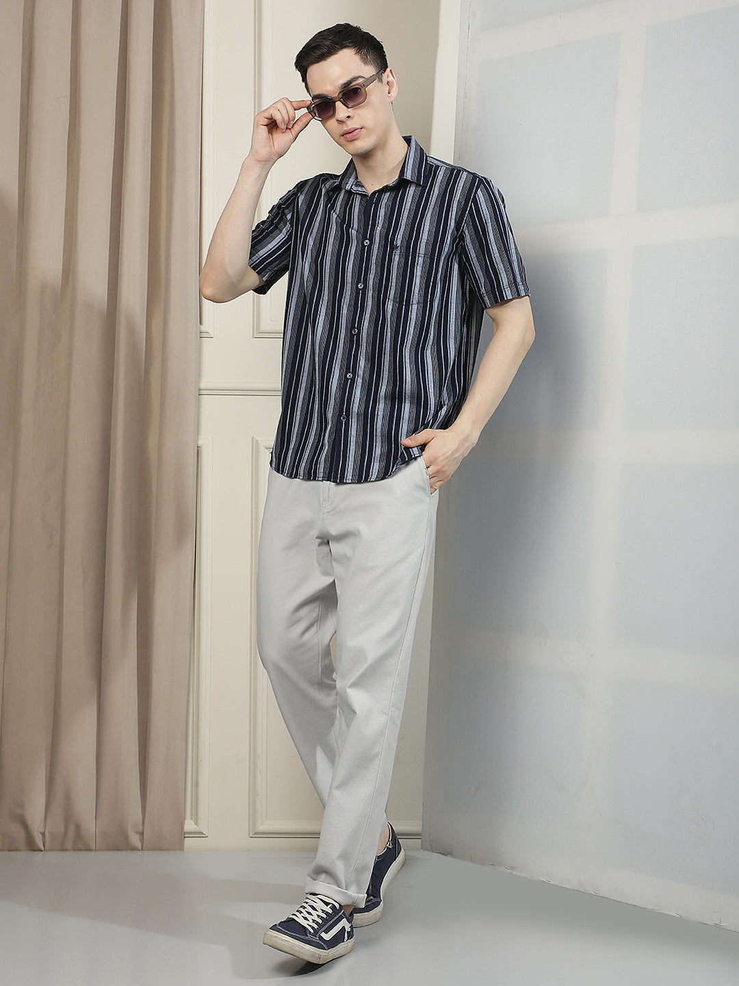 Navy Blue Vertical Stripes 100% Cotton Shirt