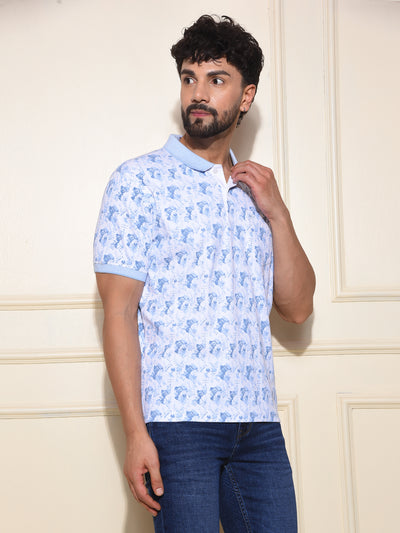 Blue Printed Polo Neck 100% Cotton T-Shirt