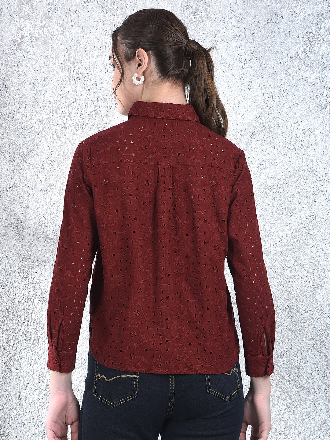 Maroon Embroidered 100% Cotton Shirt