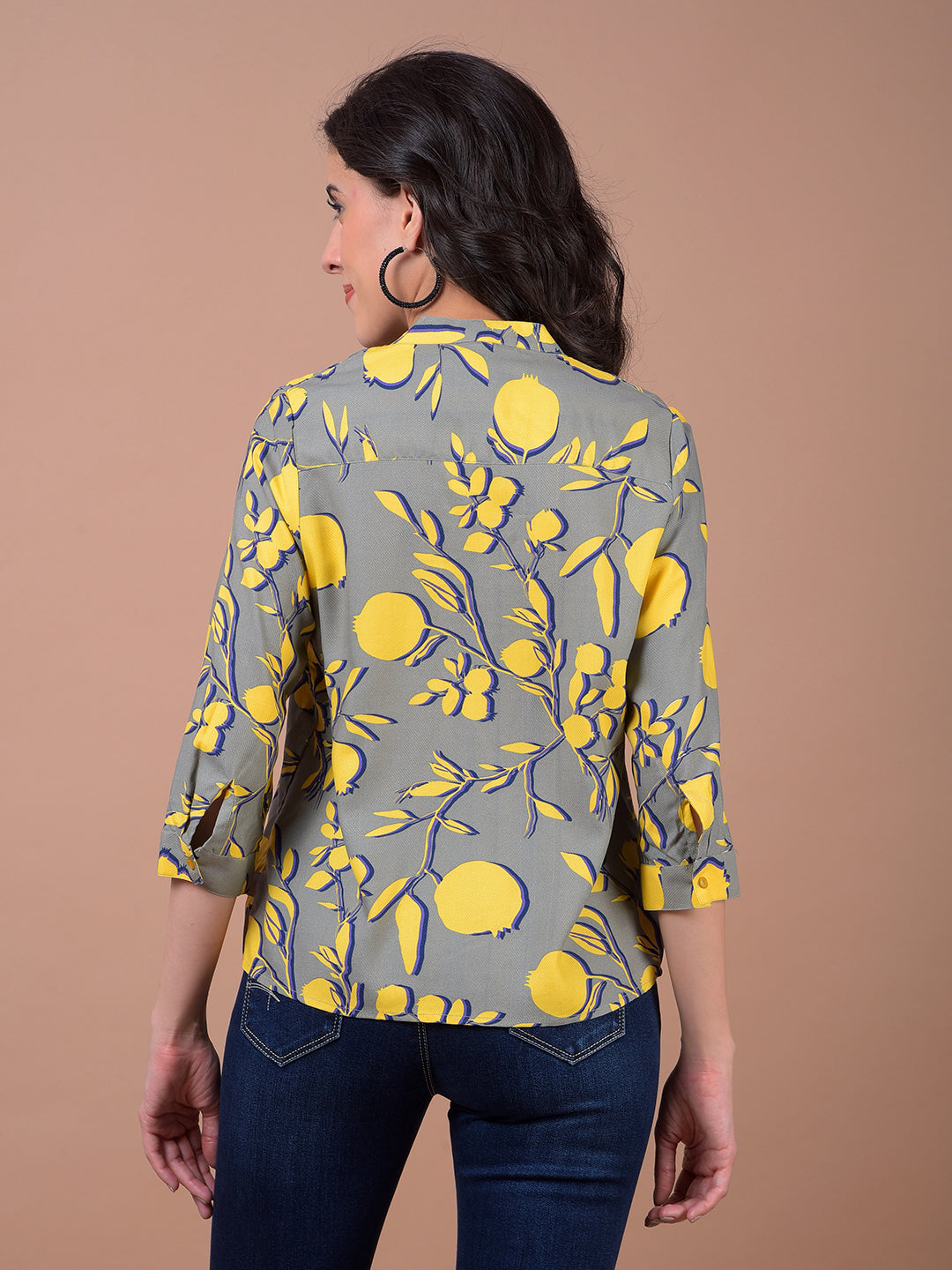 Yellow Floral Print V-Neck Top