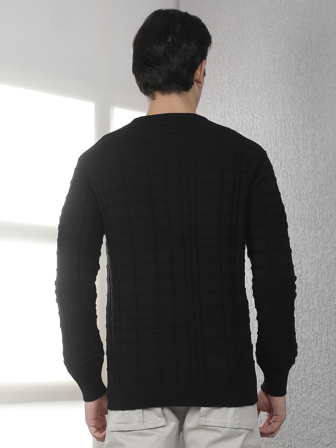 Black Jacquard Round Neck Sweater