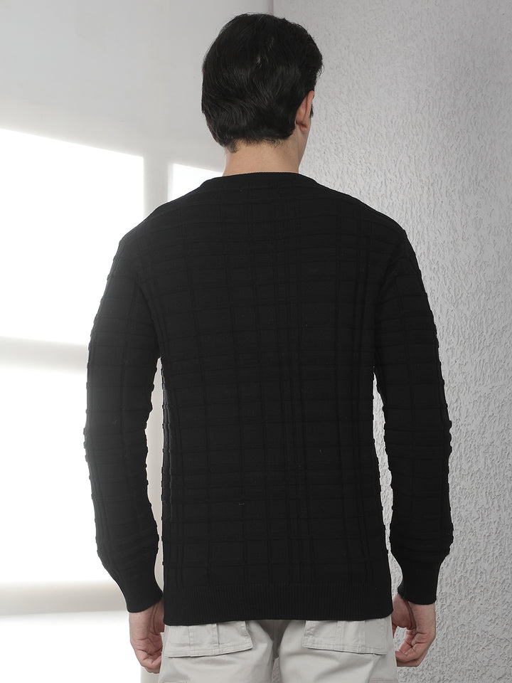 Black Jacquard Round Neck Sweater
