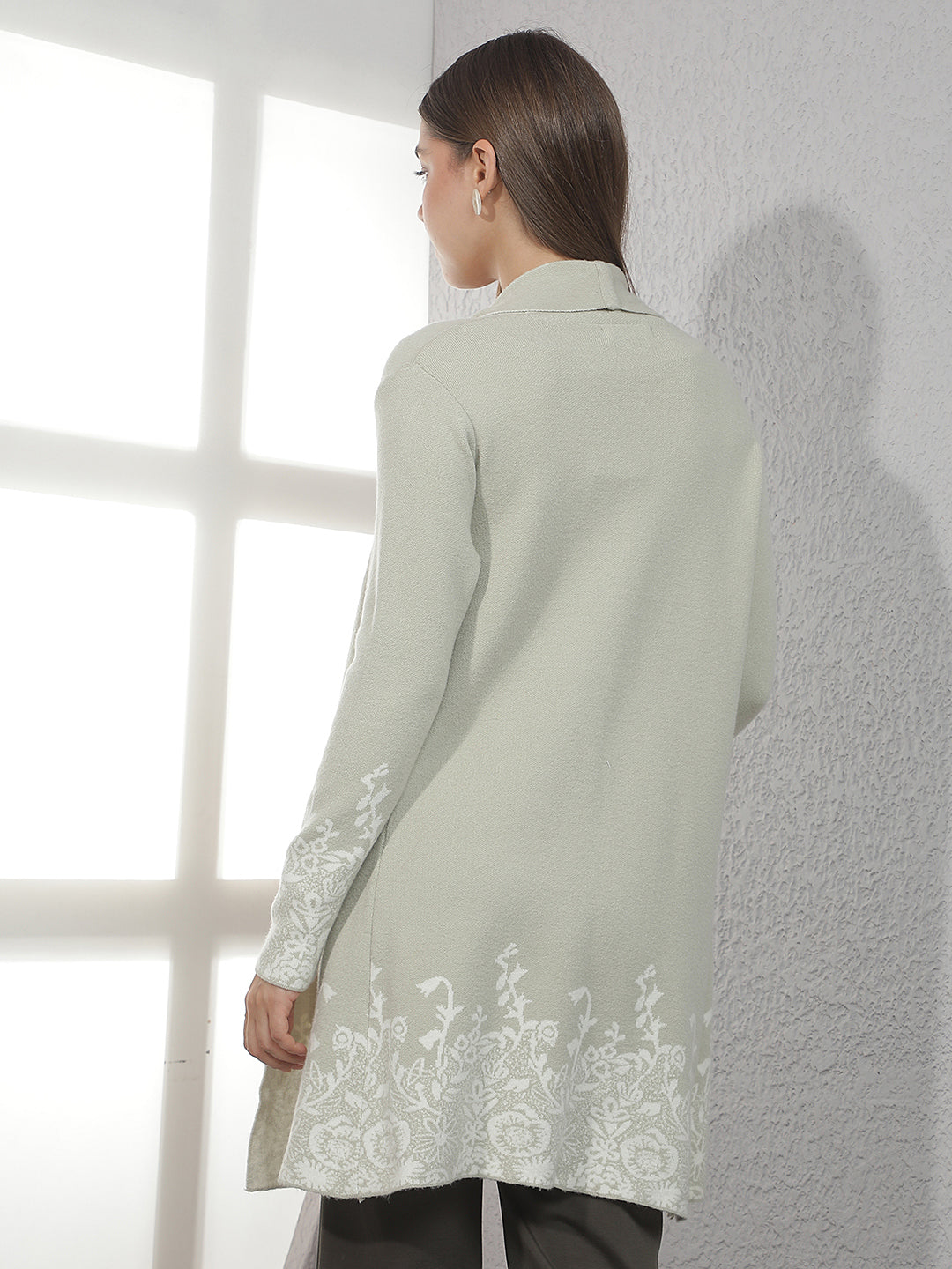 Green Floral Jacquard Open Front Longline Shrug
