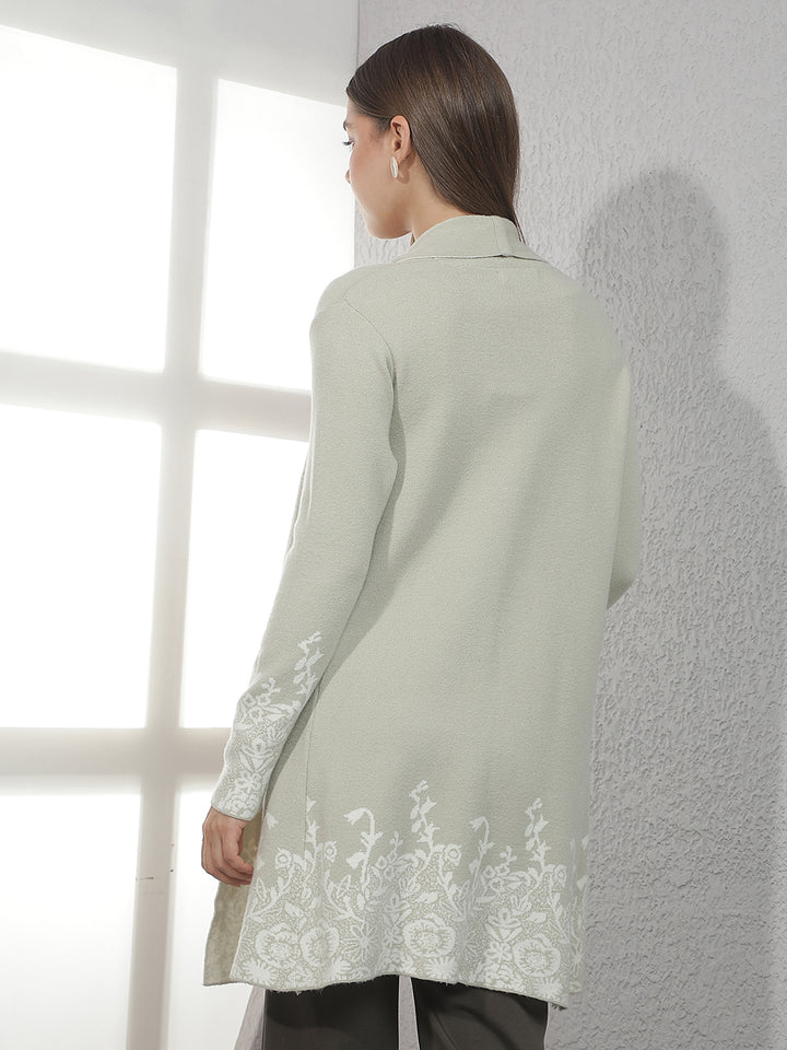 Green Floral Jacquard Open Front Longline Shrug