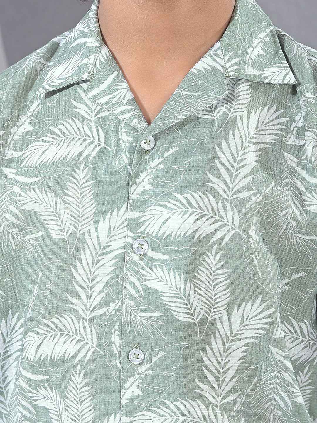 Green Floral Print Resort-Collar Shirt