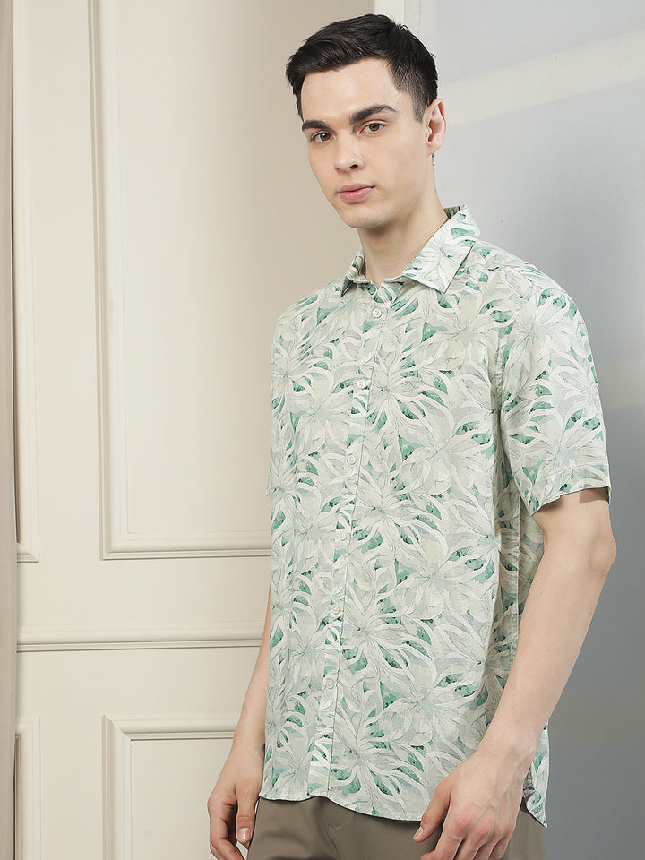 Green Floral Print Linen Shirt