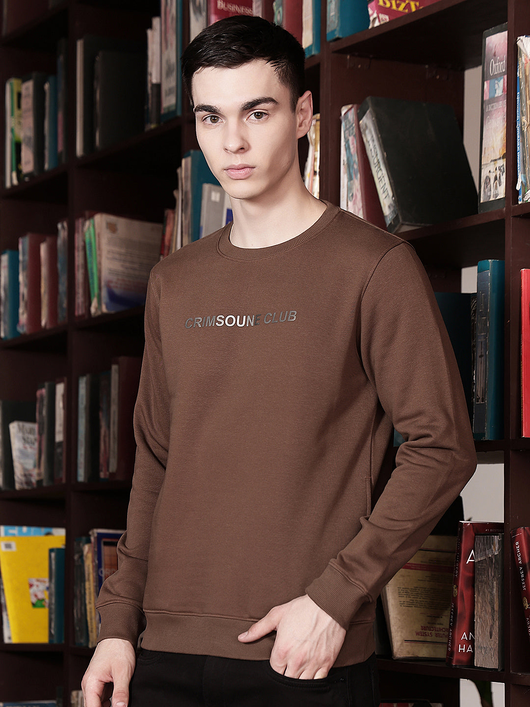 Brown Typographic Print Round Neck Sweatshirt