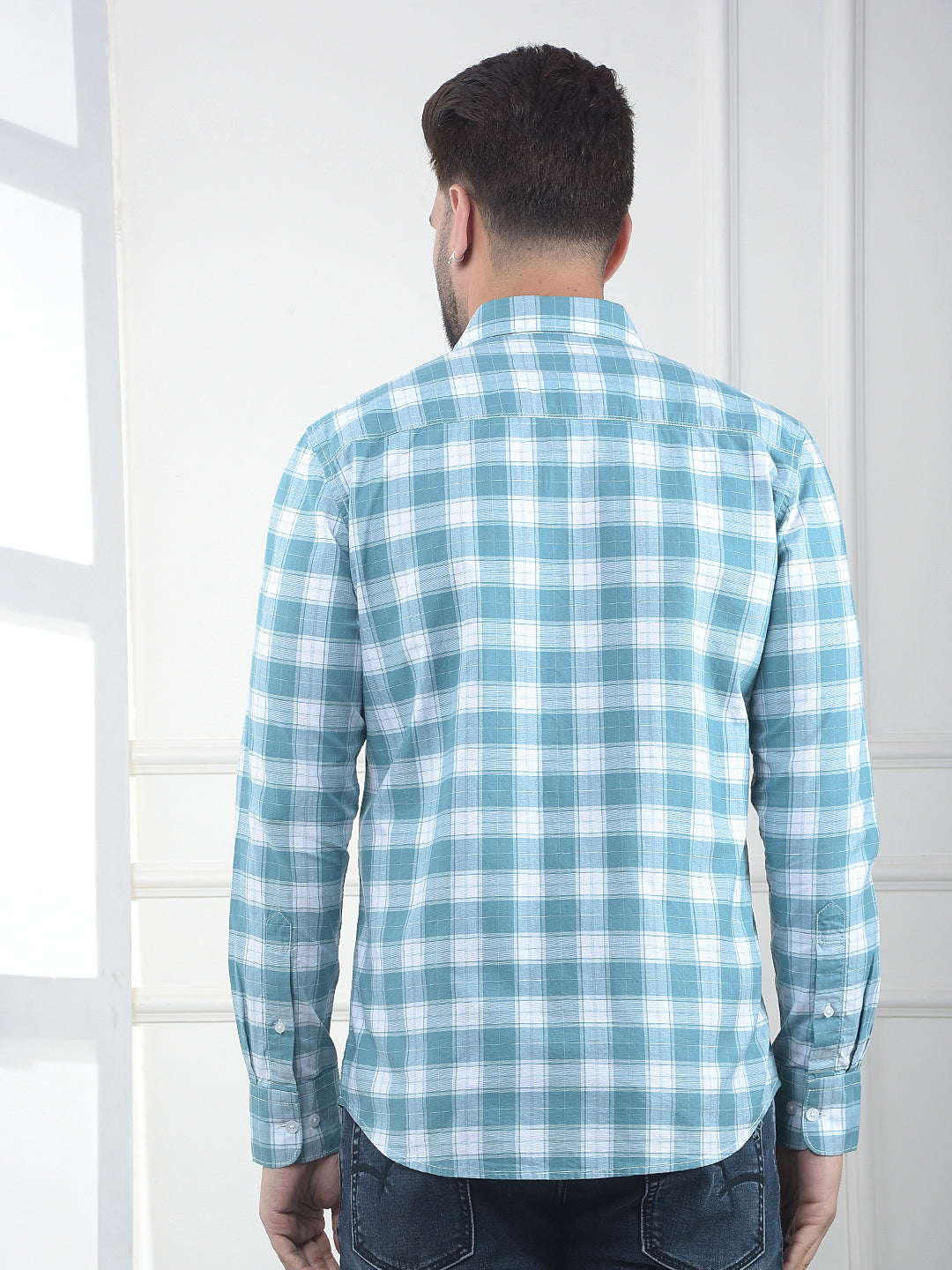 Umber Celeste Blue Checked 100% Cotton Shirt