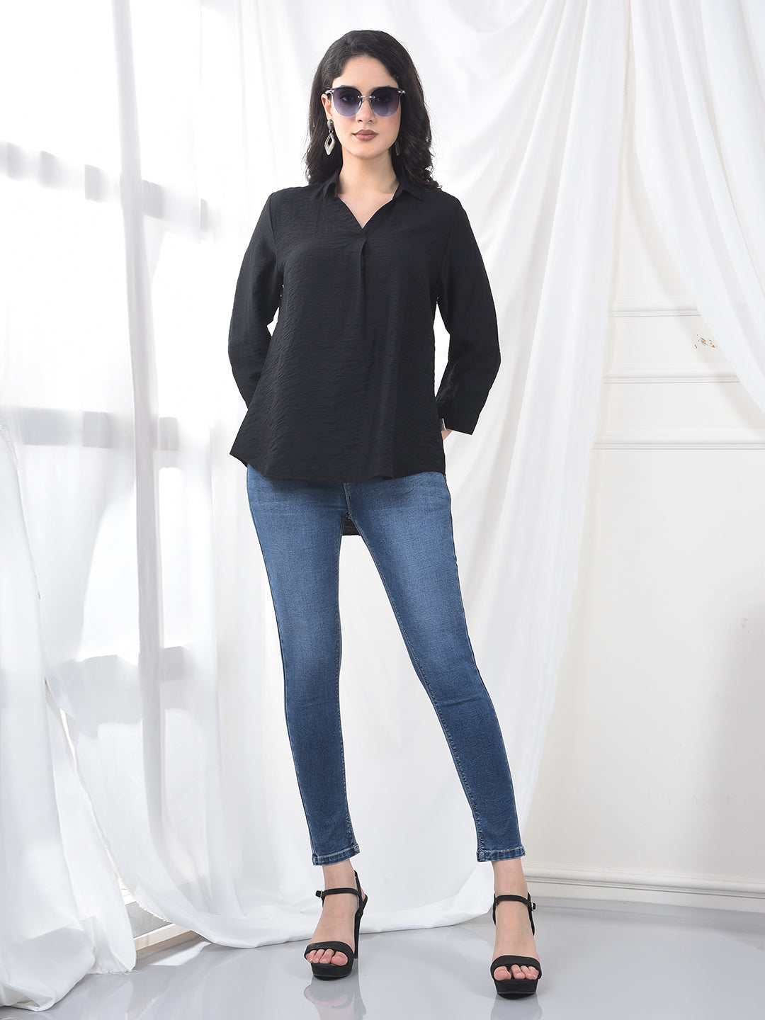 Midnight Black Crinkle Weave Flow Fit Top