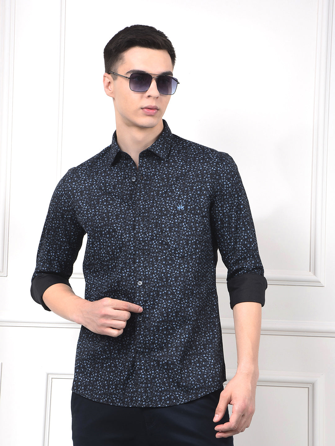 Navy Blue Polka Print 100% Cotton Shirt