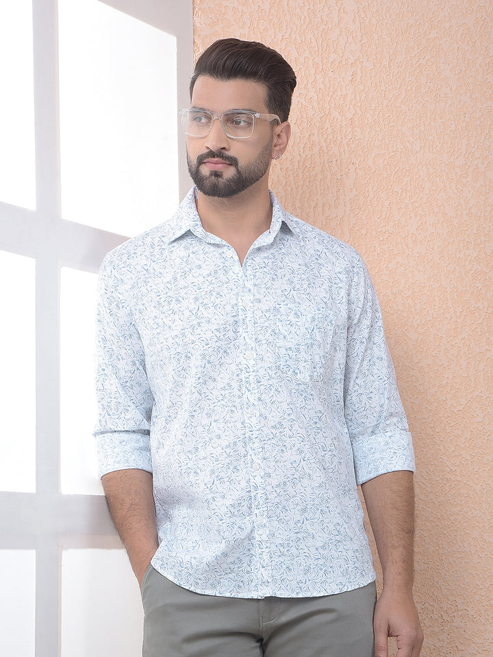 Blue Floral Print Linen Shirt