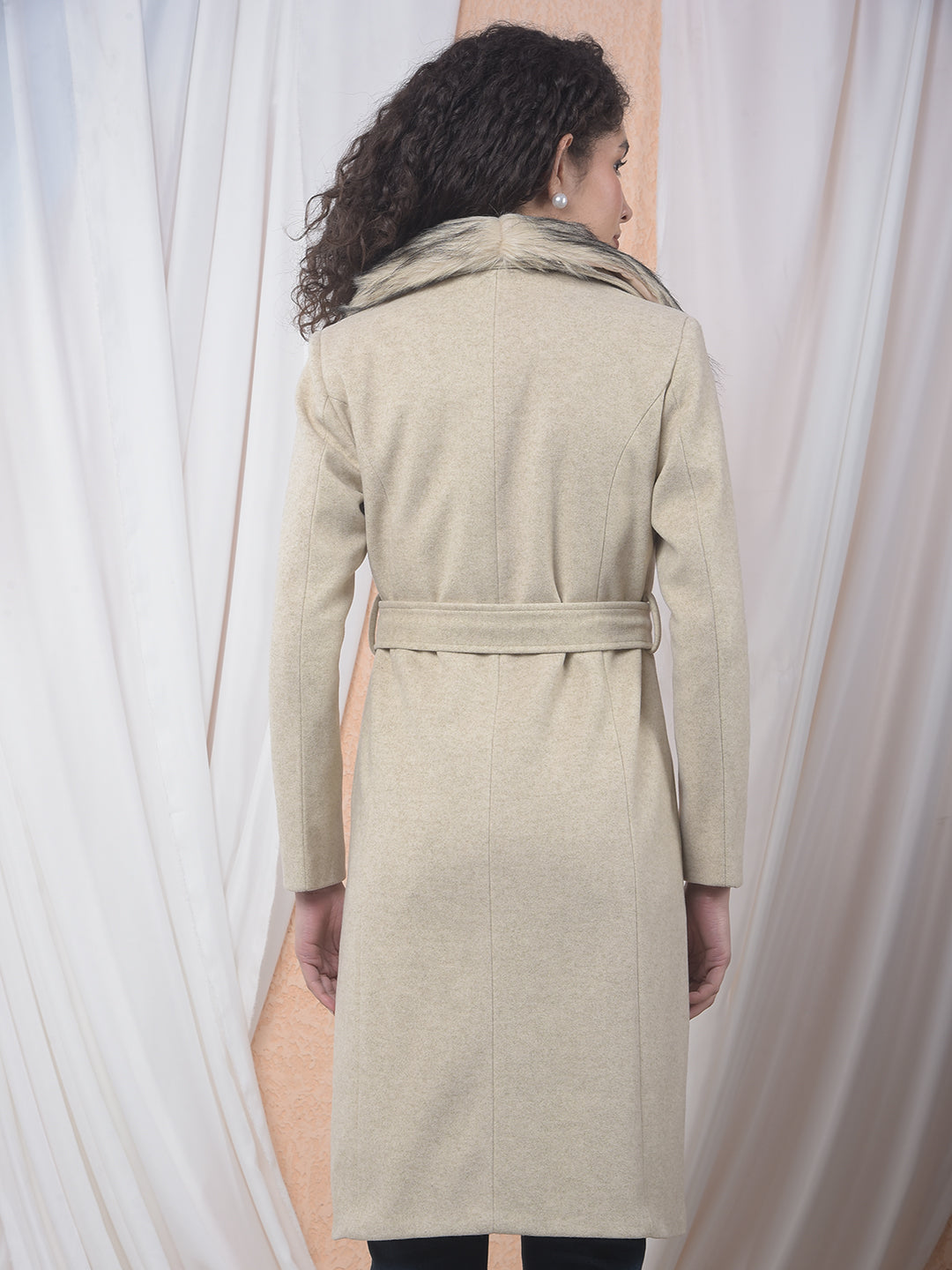 Faux Fur Trim Beige Belted Over-Coat