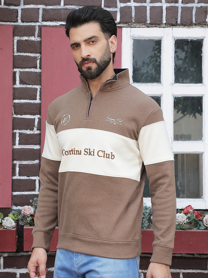 Brown Color-Block High Neck Sweatshirt