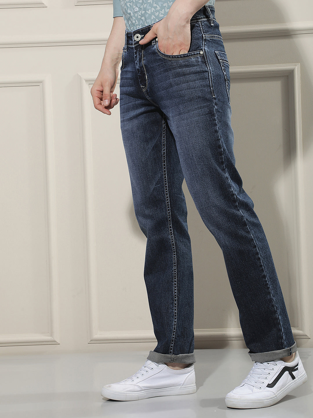 Navy Blue Cotton Straight Jeans