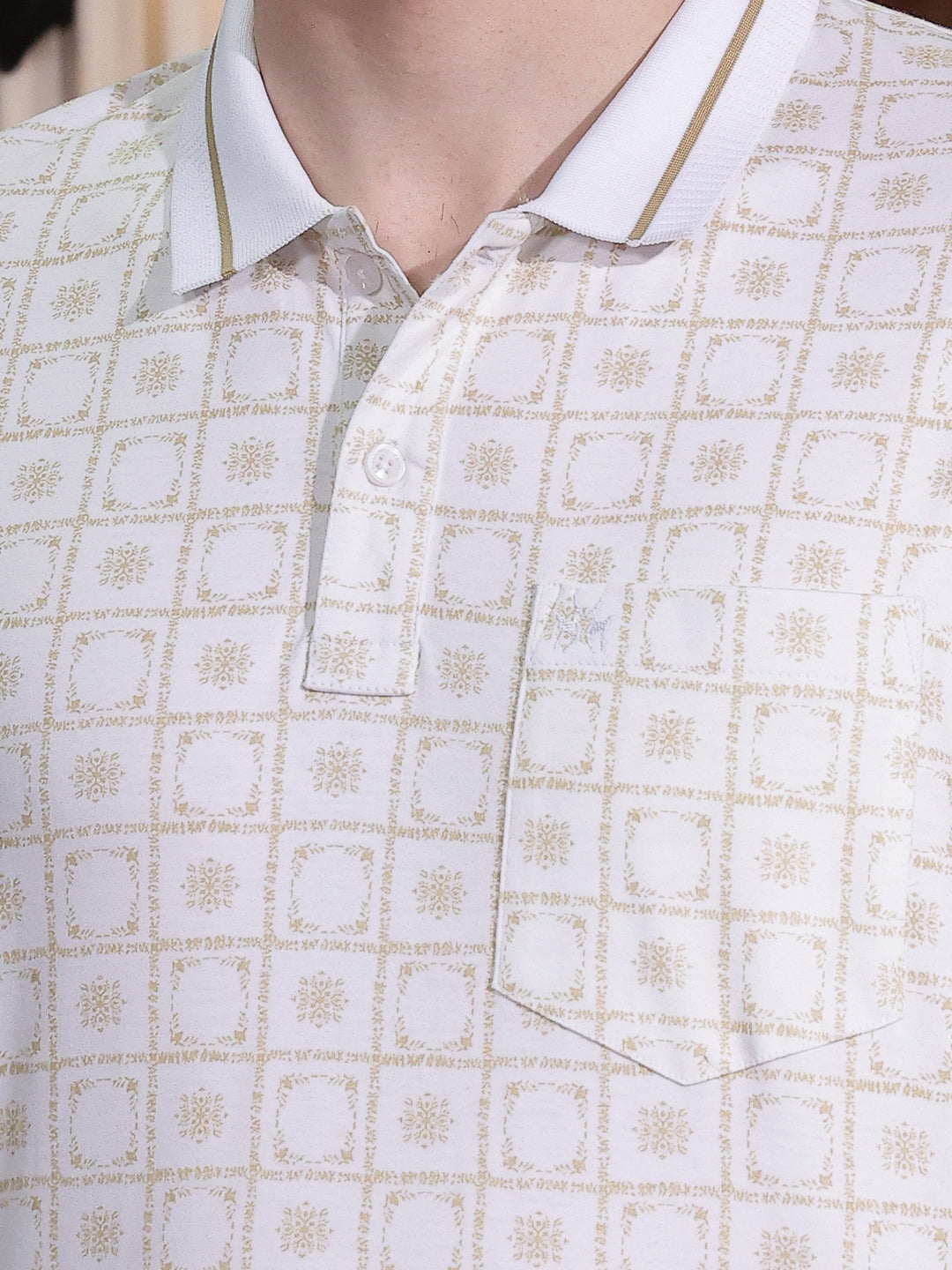 Beige Printed Polo Neck 100% Cotton T-Shirt