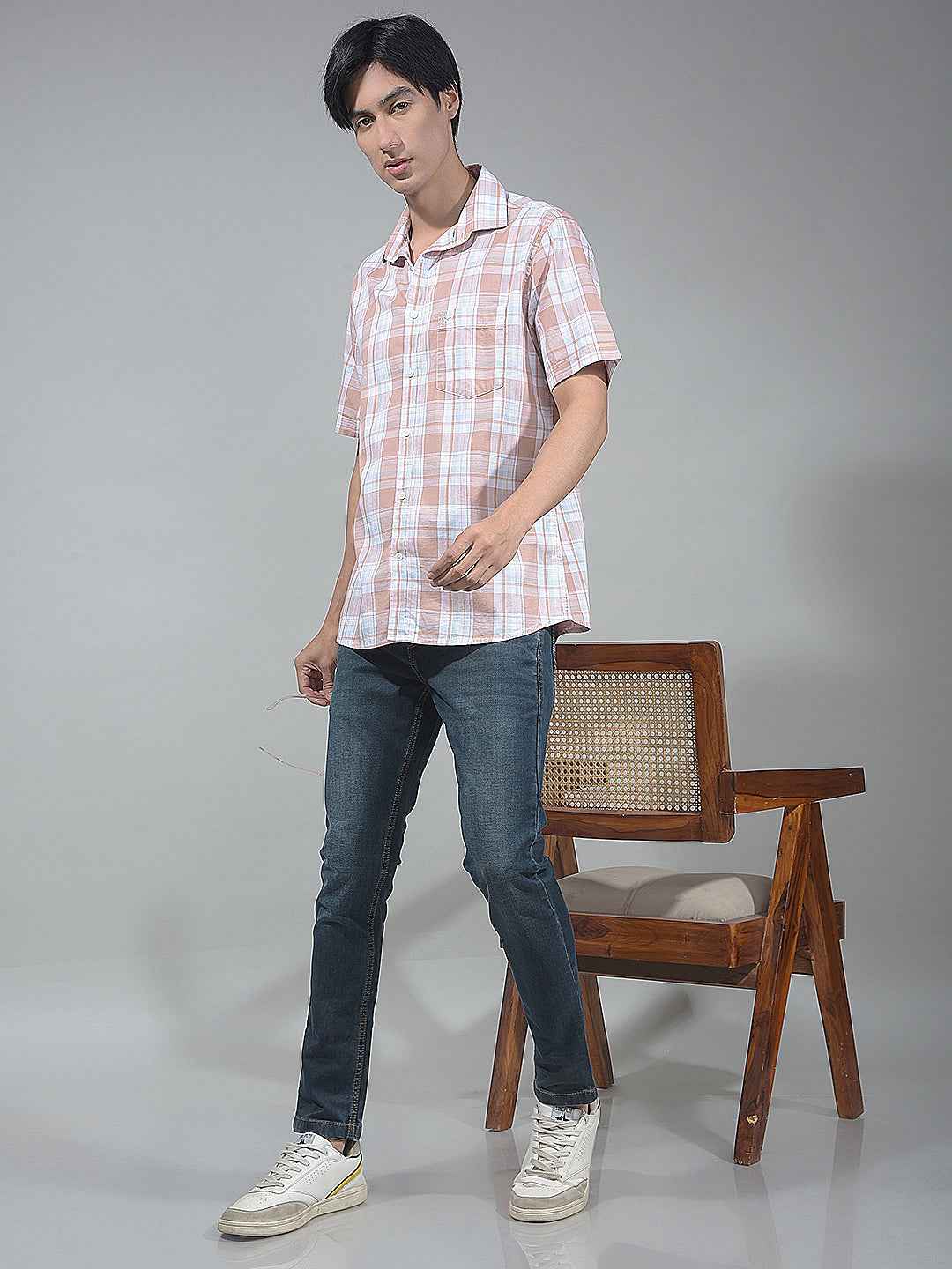 Peach Checked 100% Cotton Shirt