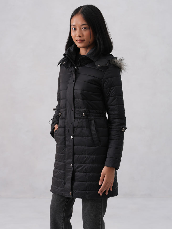 Black Puffer Hooded Neck Jacket