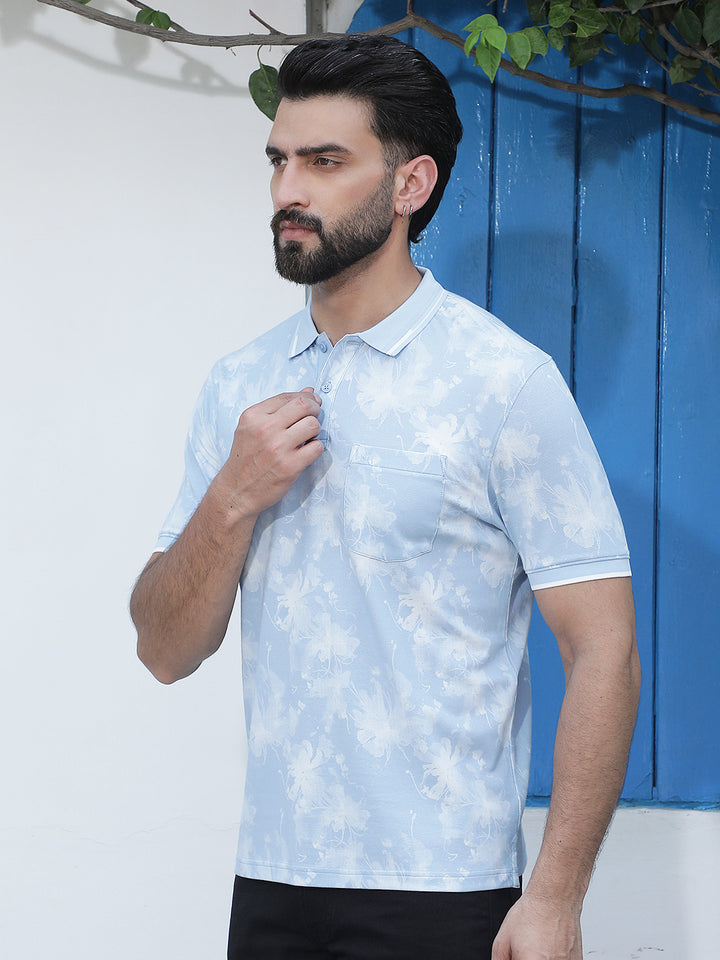 Blue Floral Print Polo Neck T-Shirt