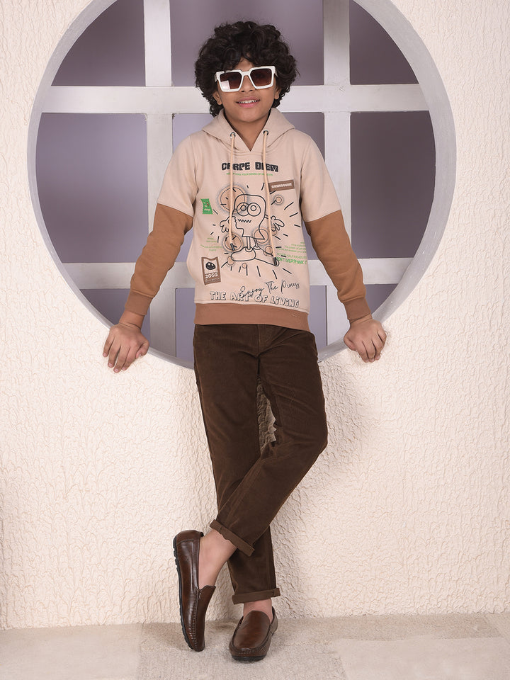 Beige Graphic Print Hooded Neck Sweatshirt