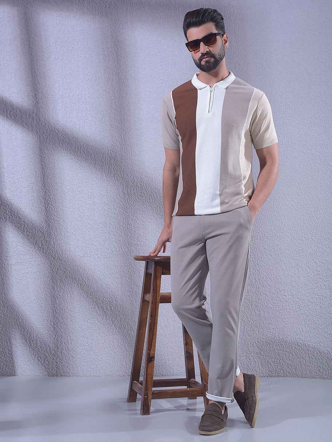 Beige 100% Cotton Vertical Stripes T-Shirt