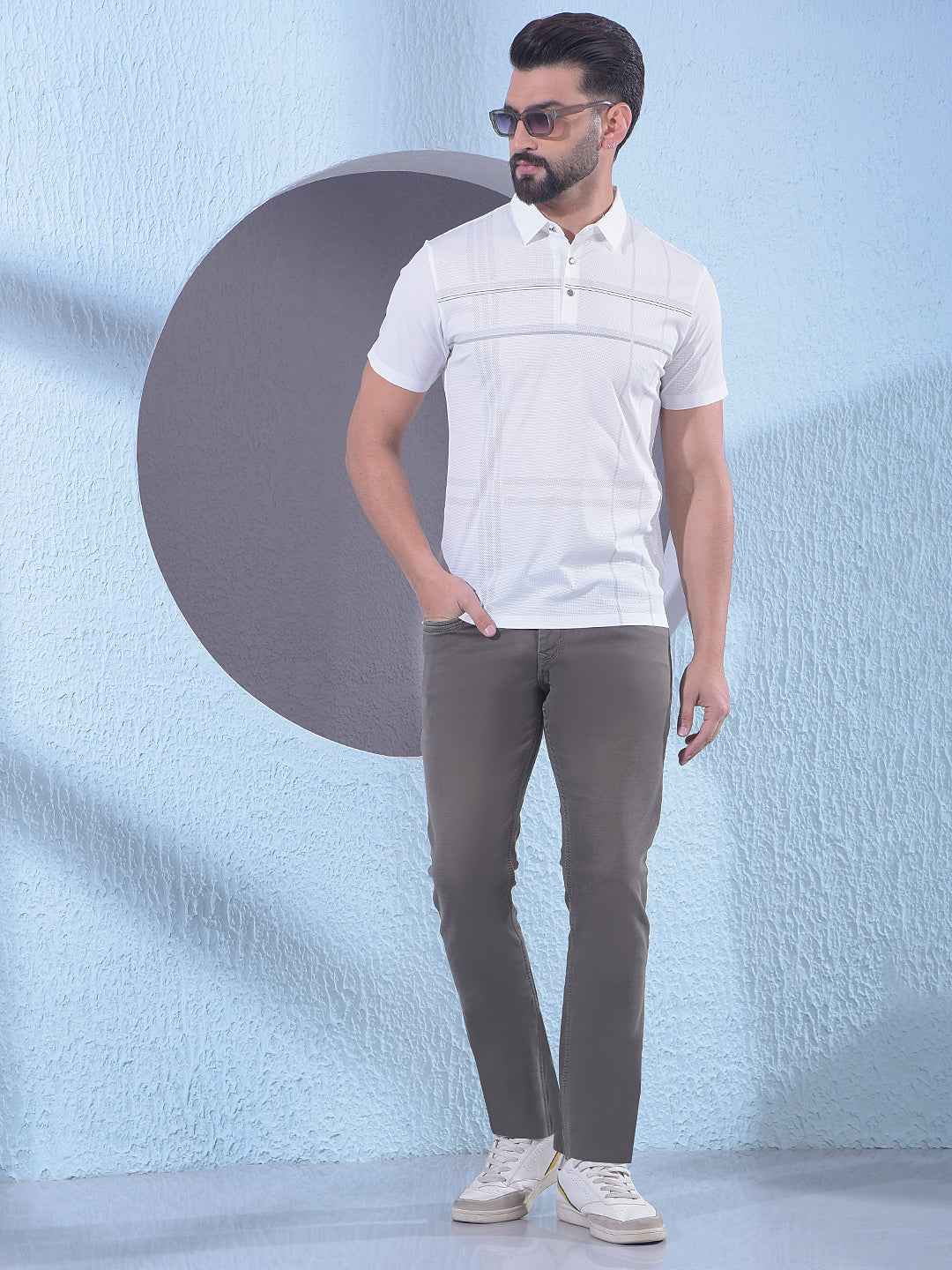 White Checked Polo Neck T-Shirt