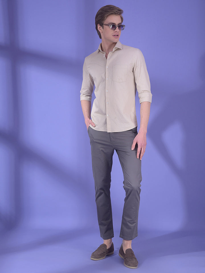 Beige Vertical Stripes 100% Cotton Shirt