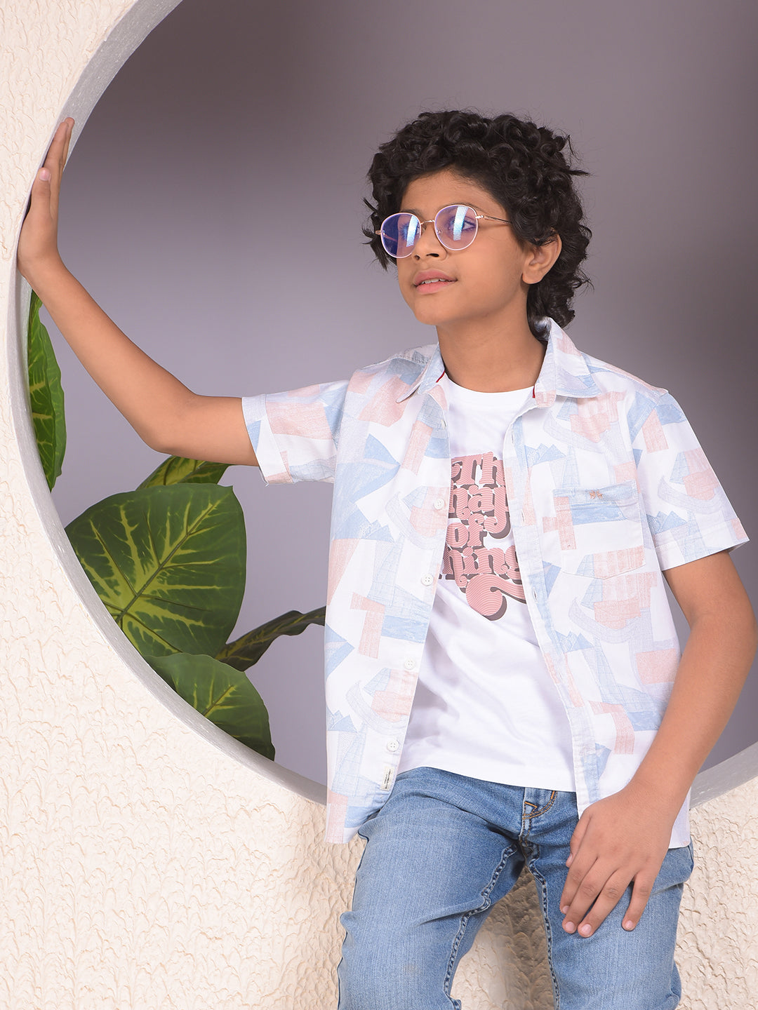 Peach Printed Shirt & Tee Set Layered Look